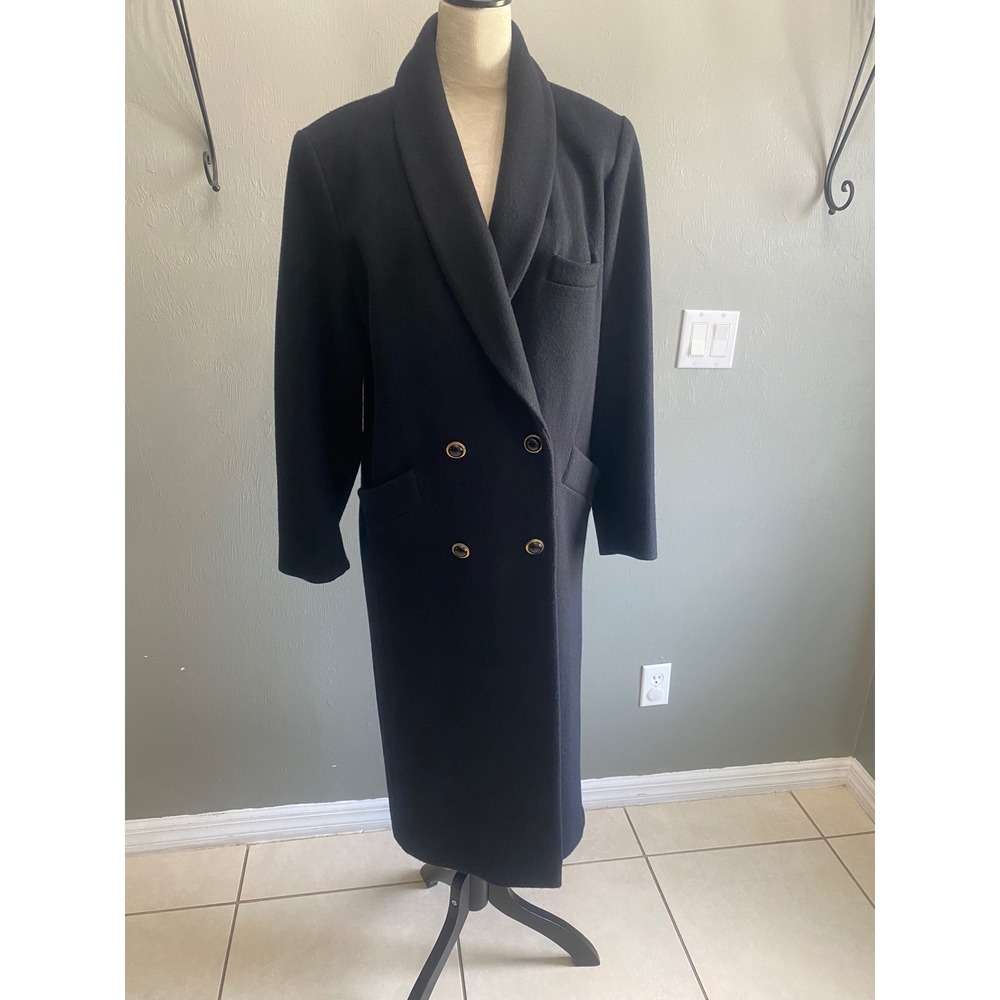 Herman Kay Womens Black Wool Blend Double Breasted Long Trench Coat‎ Size 8